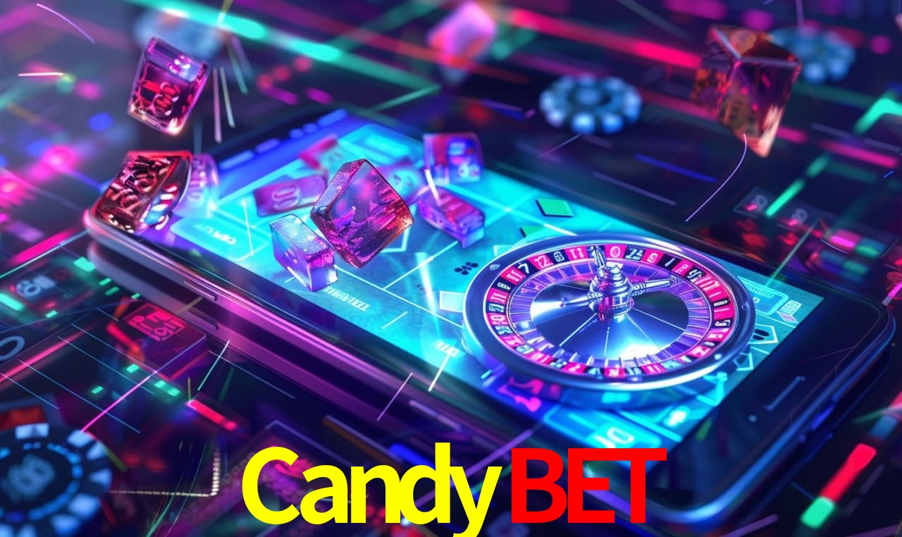 Escena dinámica inspirada en casino con iluminación CandyBet, cartas, fichas e íconos de juegos digitales en un espacio moderno de juegos.