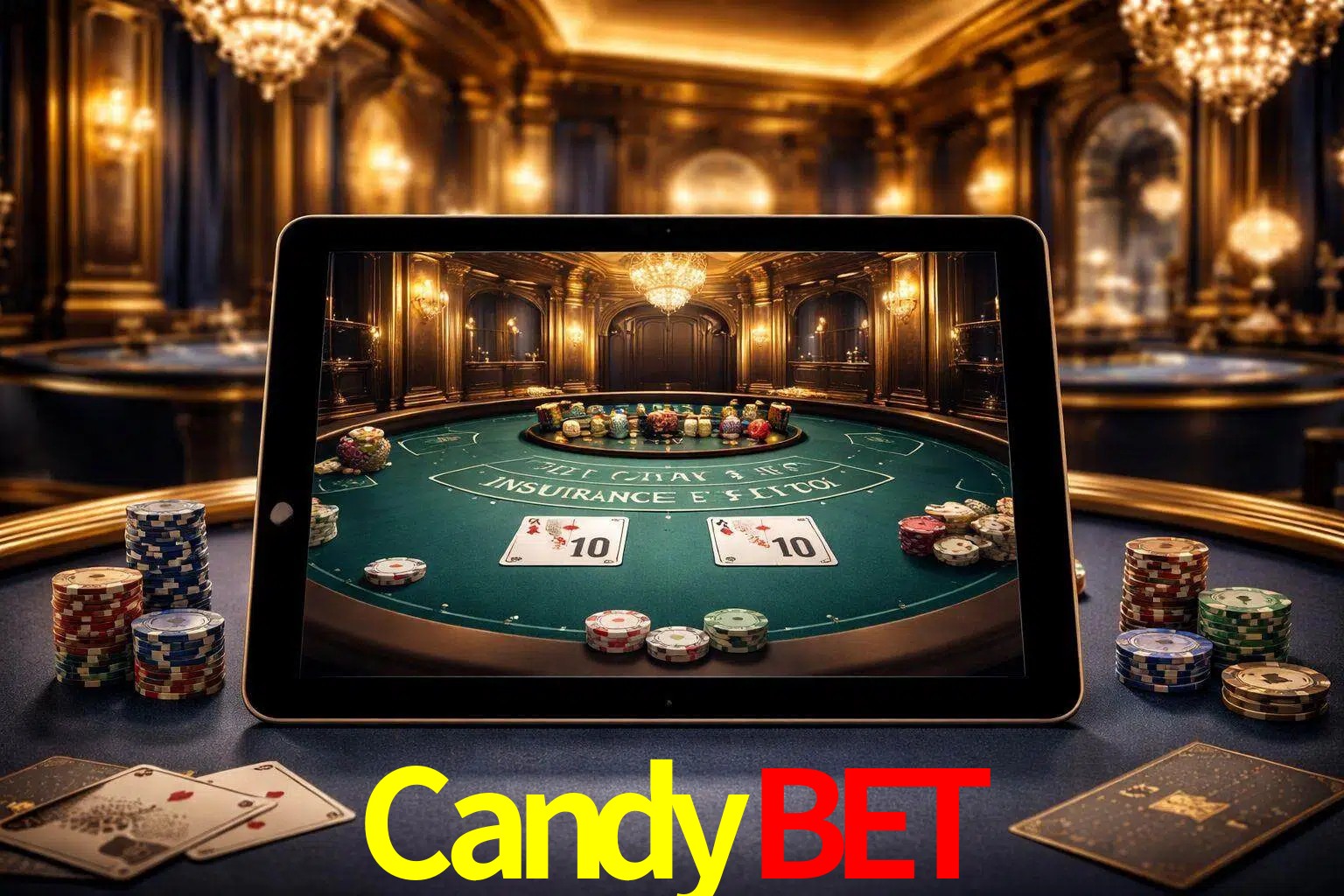 Configuración moderna de casino en vivo con una tableta mostrando una mesa de blackjack, luces cálidas de estudio y una atmósfera elegante de juegos digitales.