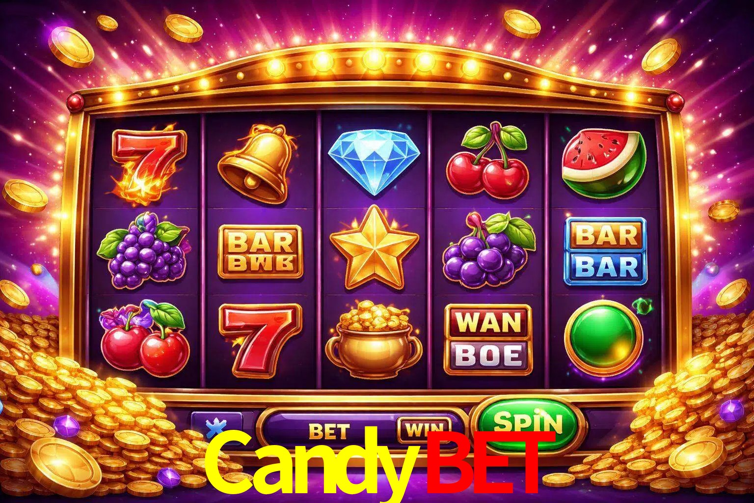 Una interfaz colorida de tragamonedas en línea con símbolos brillantes, monedas y un efecto de victoria celebratoria en CandyBet.