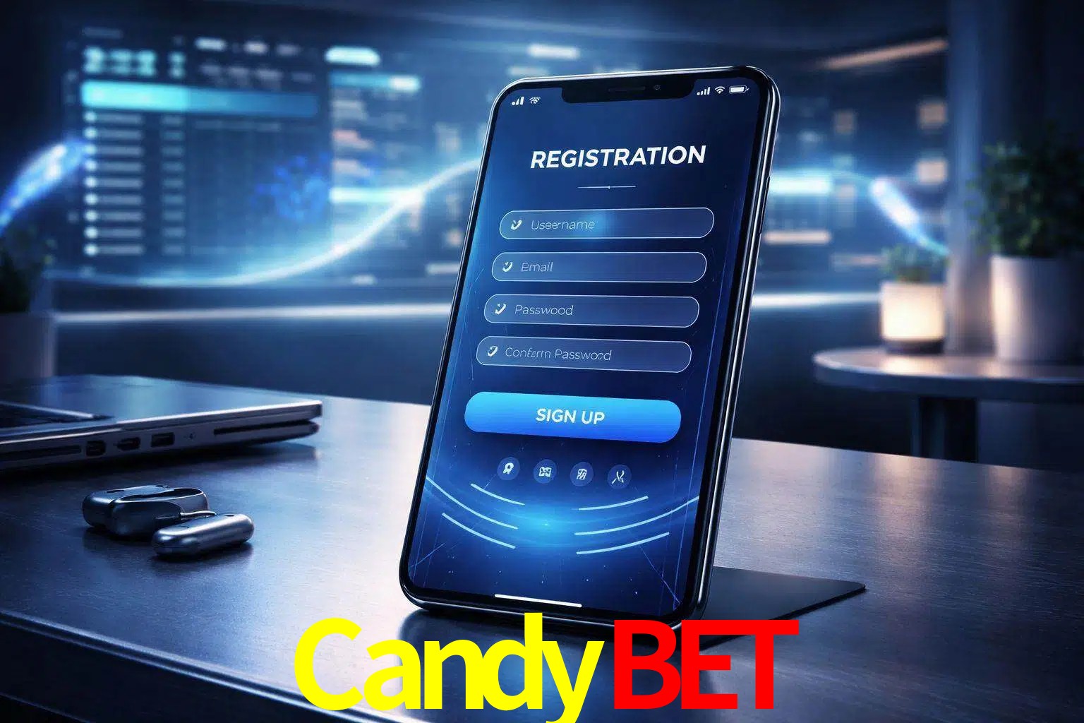 Una interfaz moderna de registro móvil para CandyBet mostrada en un smartphone con un panel de apuestas elegante.